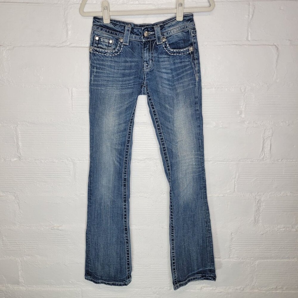 Miss Me Women's Size 27 Jeans Boot Fleur De Lis Rhinestones Studded